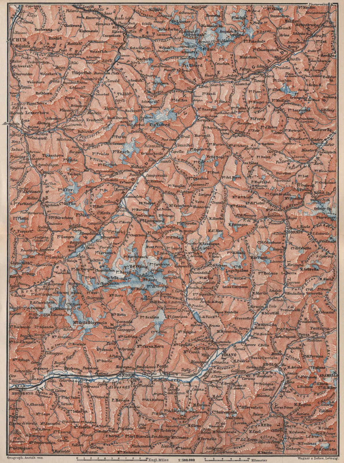 ENGADINE/VAL TELLINA. Davos Arosa Sils Bormio Livigno Sondrio Chur 1897 map